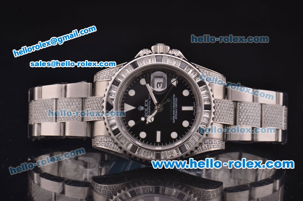 Rolex GMT-Master II Swiss ETA 2836 Automatic Diamond Bezel with Black Dial and Diamond Bracelet - Click Image to Close